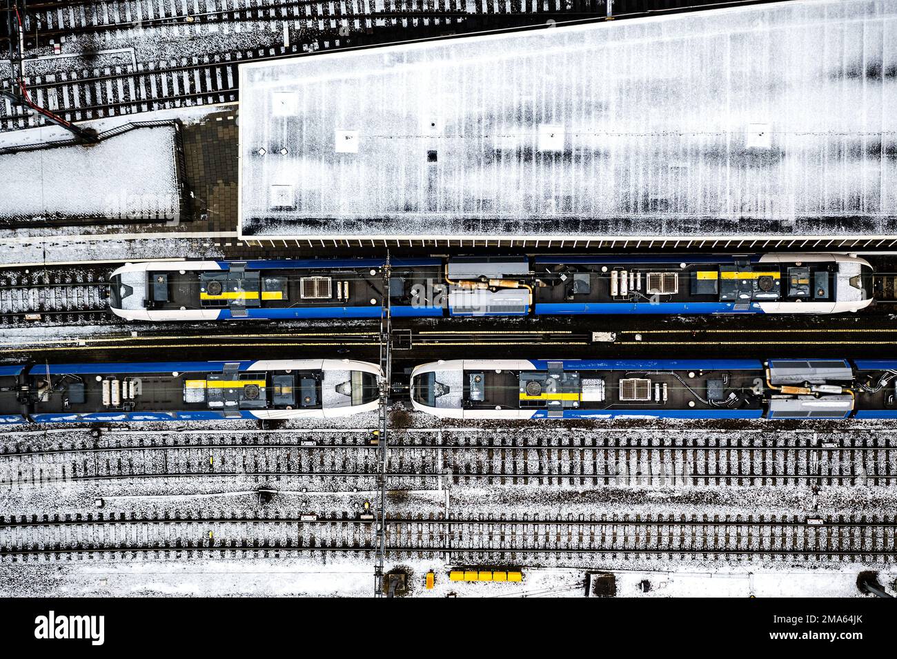 VENLO - A drone photo of stationary trains at the station in Venlo. Thousands of bus drivers, train drivers and conductors in regional transport stopped working after failed collective bargaining. ANP ROB ENGELAAR netherlands out - belgium out Stock Photo