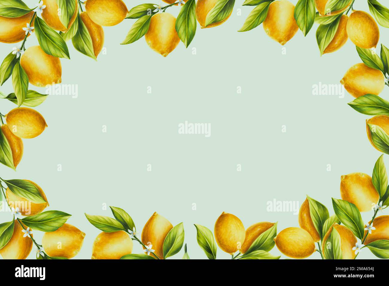 Watercolor frame with fresh ripe lemon with bright green leaves and ...