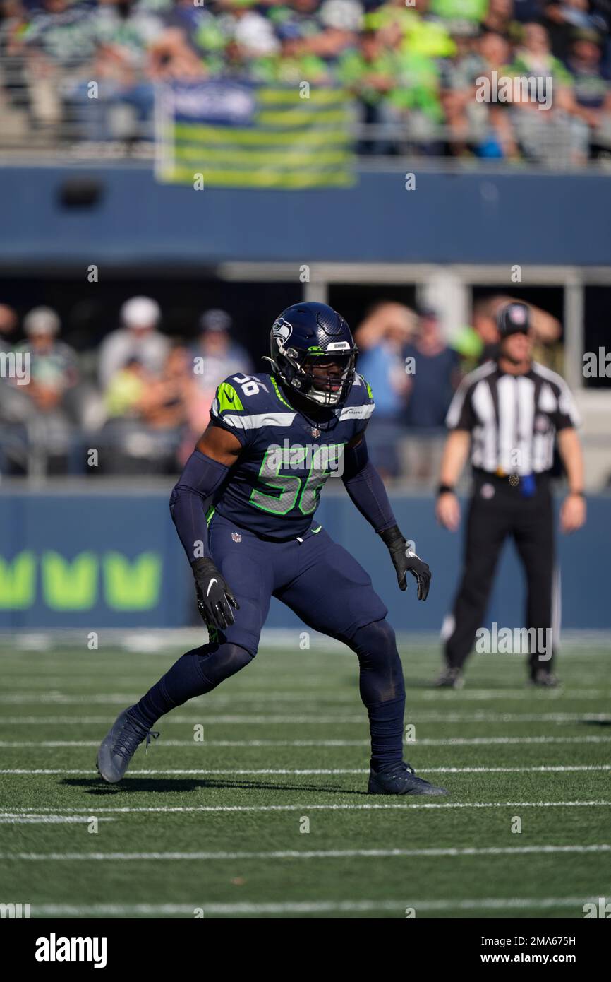 Seattle, WA, USA. 16th Oct, 2022. Seattle Seahawks linebacker Jordyn Brooks  (56) during a game between the Arizona Cardinals and Seattle Seahawks at  Lumen Field in Seattle, WA. The Seahawks won 19-9.