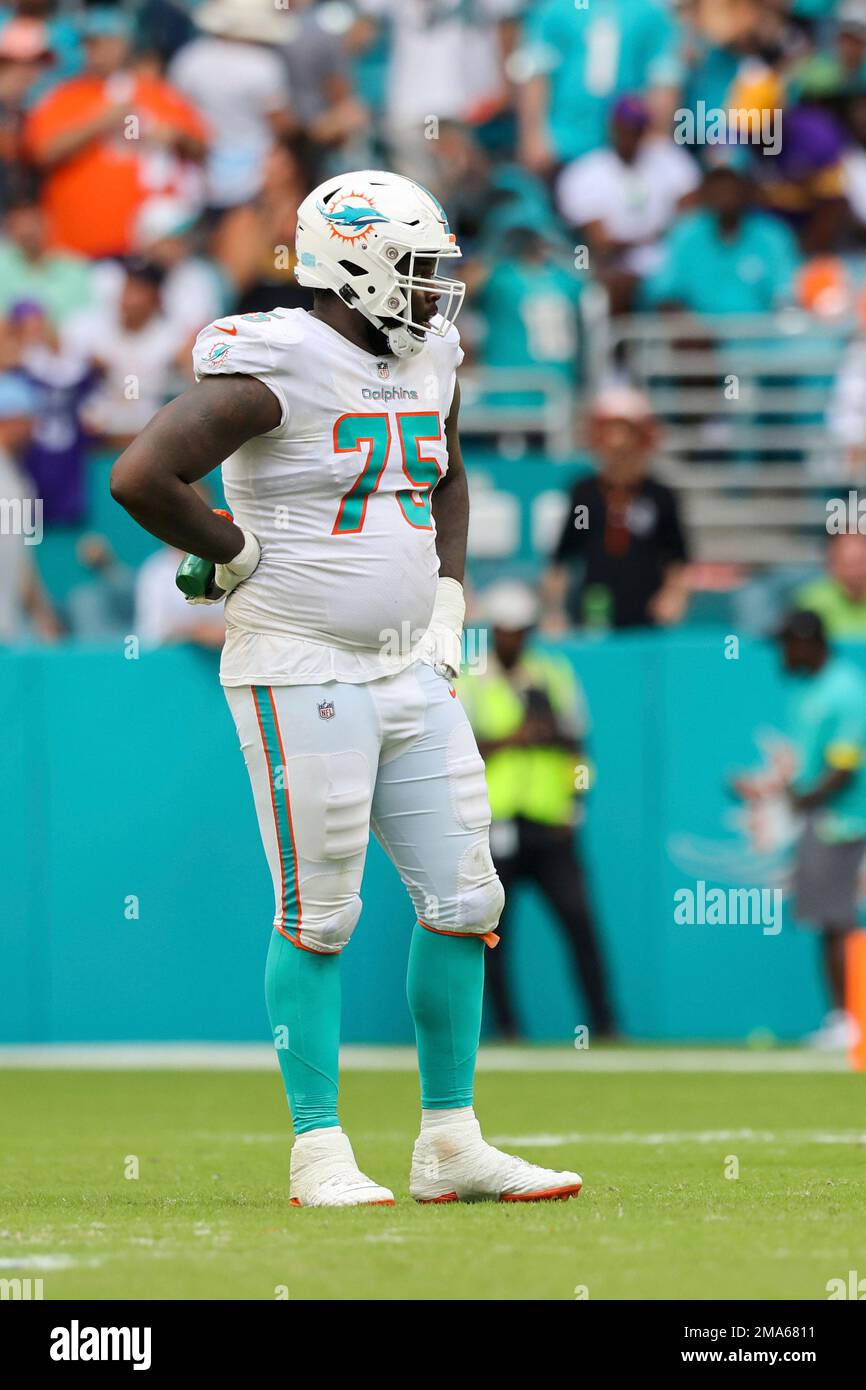 Miami Dolphins offensive tackle Greg Little (75) waits on play