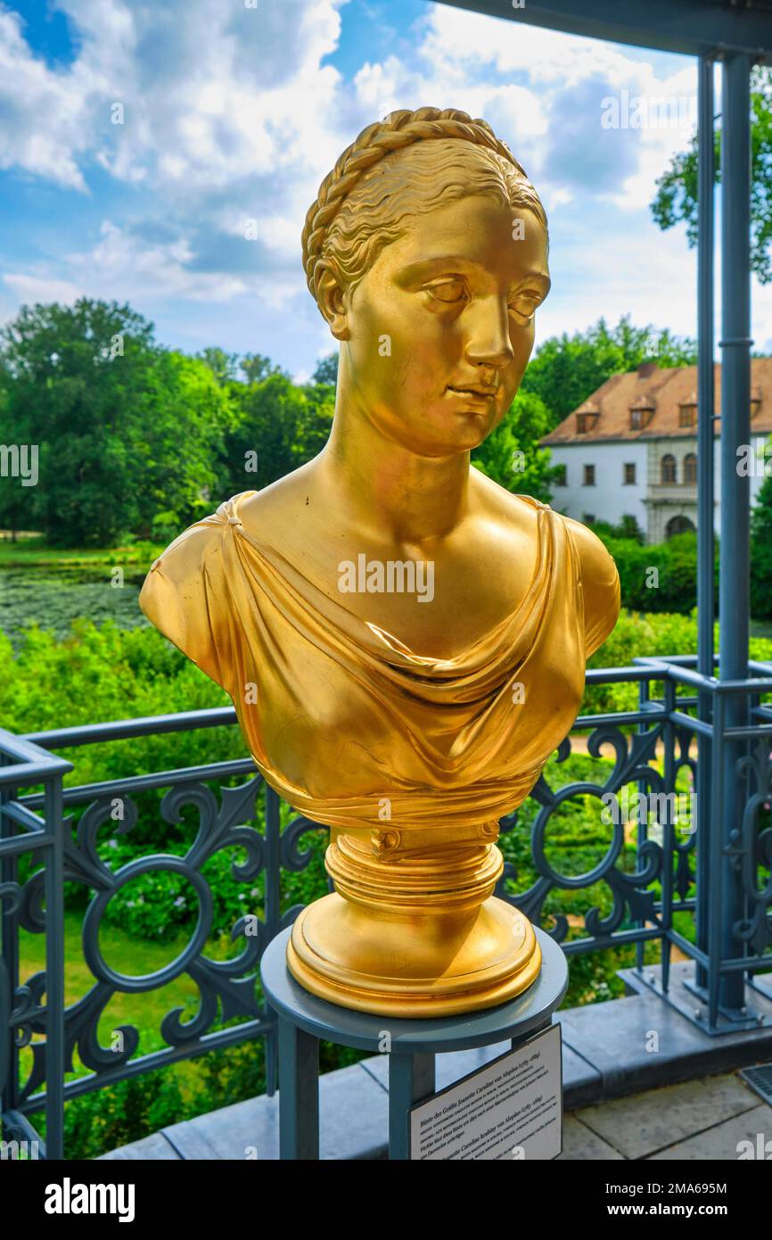 Golden Bust of Countess Caroline Jeanette Alopaeus, New Palace, Muskau Prince Pueckler Park, Bad Muskau, Saxony, Germany Stock Photo