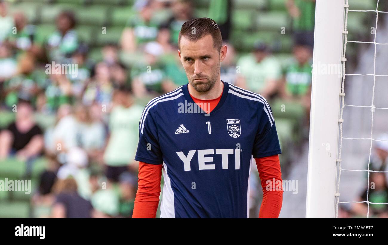 Austin FC goalkeeper Brad Stuver plays during the first half an MLS