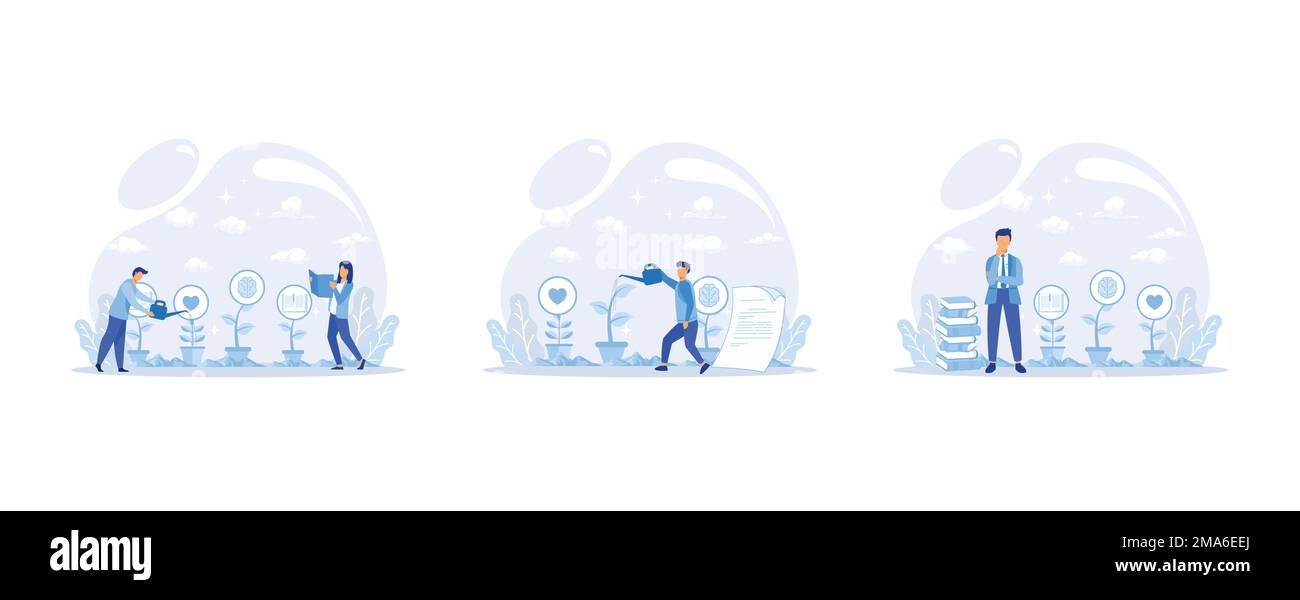 Learning development and growth. Self-learning metaphor, online emoloyee education distance e-learning. Skill improvement. Self development program wa Stock Vector