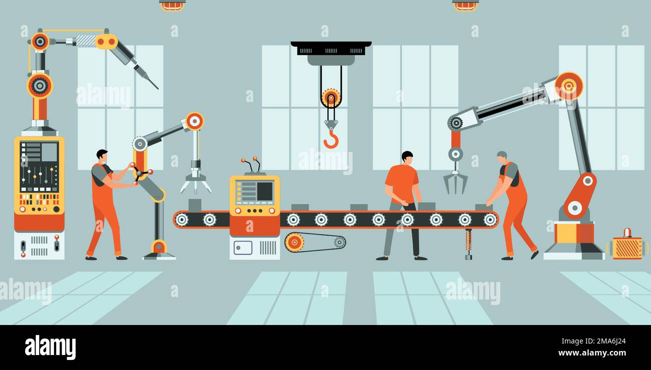 Factory assembly line. Industrial robotic arm conveyor belt machines engineer workers, automatic technology car manufacturing concept. Vector Stock Vector