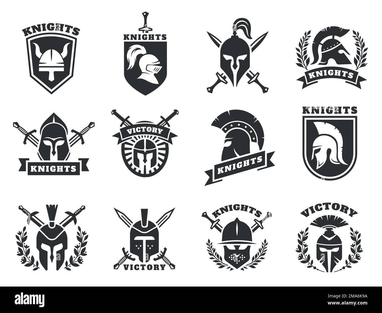 Knight helmet logo. Medieval ancient crusader viking soldier protective head armor with crossed swords shield for label emblem badge. Vector set Stock Vector