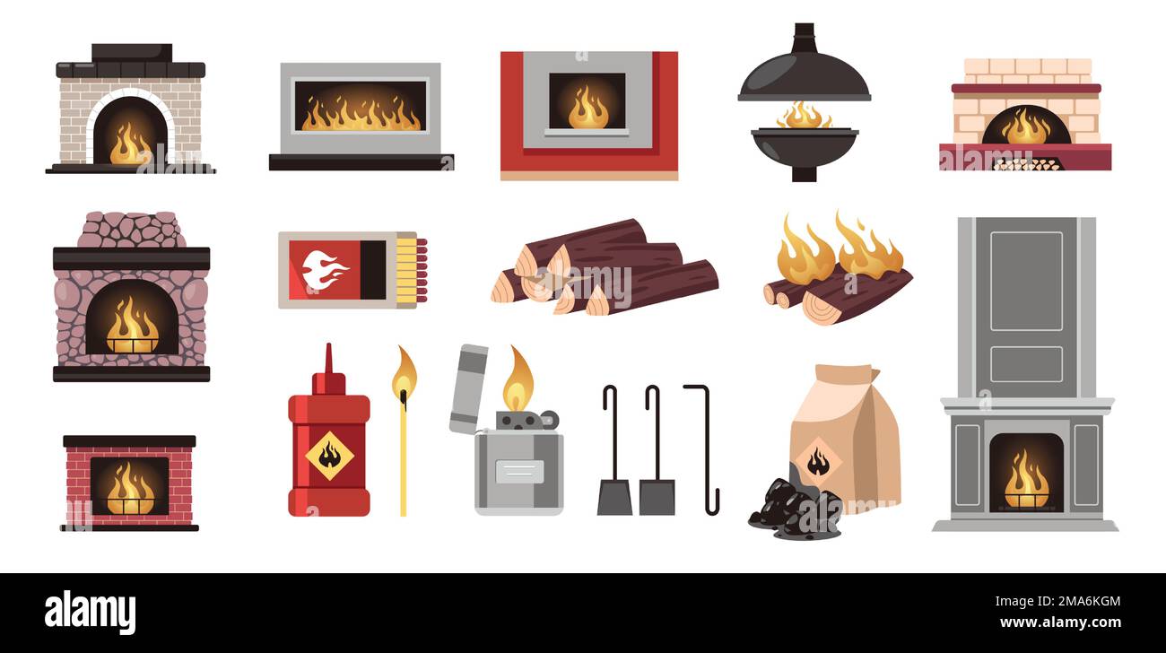 Indoor heating stove. Fireplaces with burning wood fire flame poker shovel fuel, cartoon bundle of hearths elements flat style cozy home interior Stock Vector