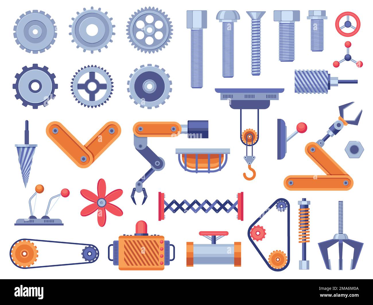 Mechanism parts. Mechanical and electric engine nut screw bolt transmission details, machinery