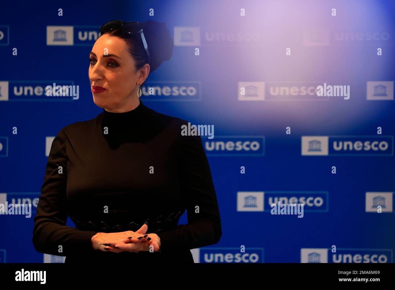 Spanish actress Rossy de Palma applauds as she is named UNESCO Goodwill