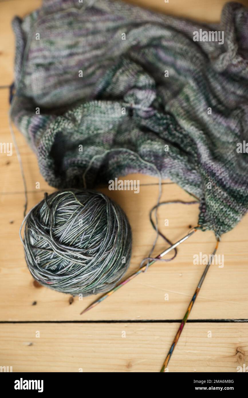 Knitting, Knitting needle, Wool, Wool ball, Knitting pattern Stock Photo