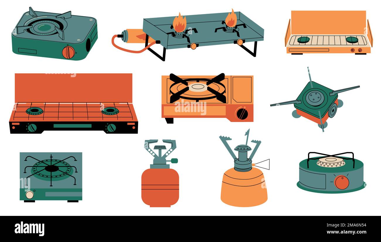 Camping stoves. Cartoon portable tourism gas burners, outdoor propane hob furnaces, camp picnic cooking equipment with open fire. Vector isolated set Stock Vector