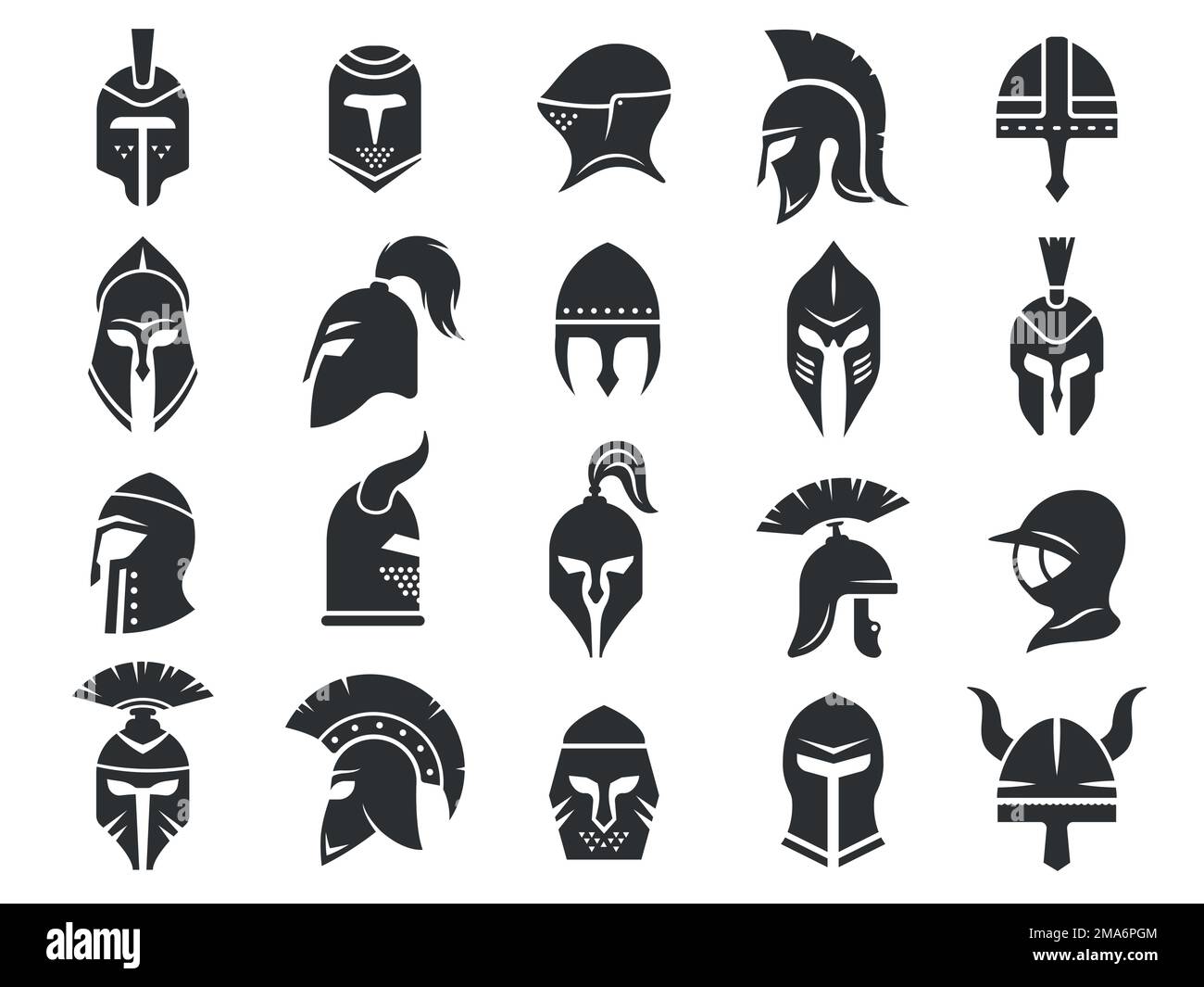 Ancient helmets. Medieval warrior knight helm armor, black silhouettes of gladiator viking crusader spartan headgear protection. Vector isolated set Stock Vector