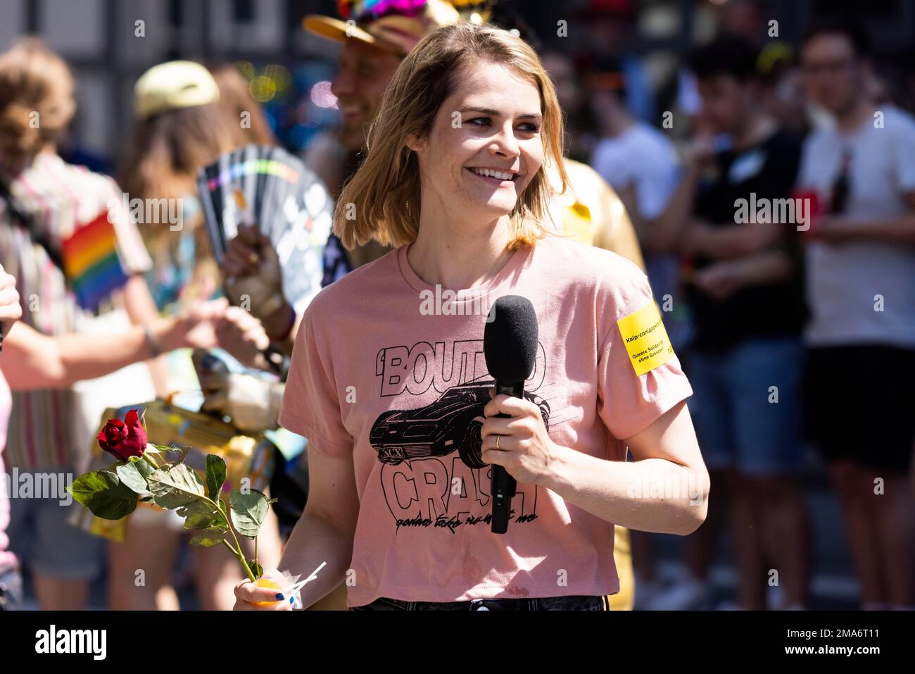 Satirist Hazel Brugger does interviews at the CSD parade, Cologne, North Rhine-Westphalia, Germany Stock Photo