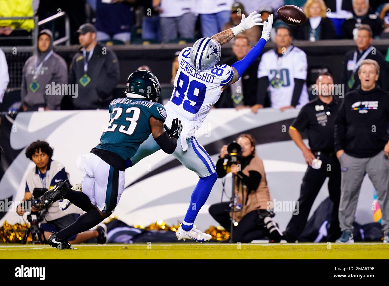 Dallas Cowboys' Peyton Hendershot can't make a catch in front of  Philadelphia Eagles' C.J. Gardner-Johnson during the second half of an NFL  football game Sunday, Oct. 16, 2022, in Philadelphia. (AP Photo/Matt