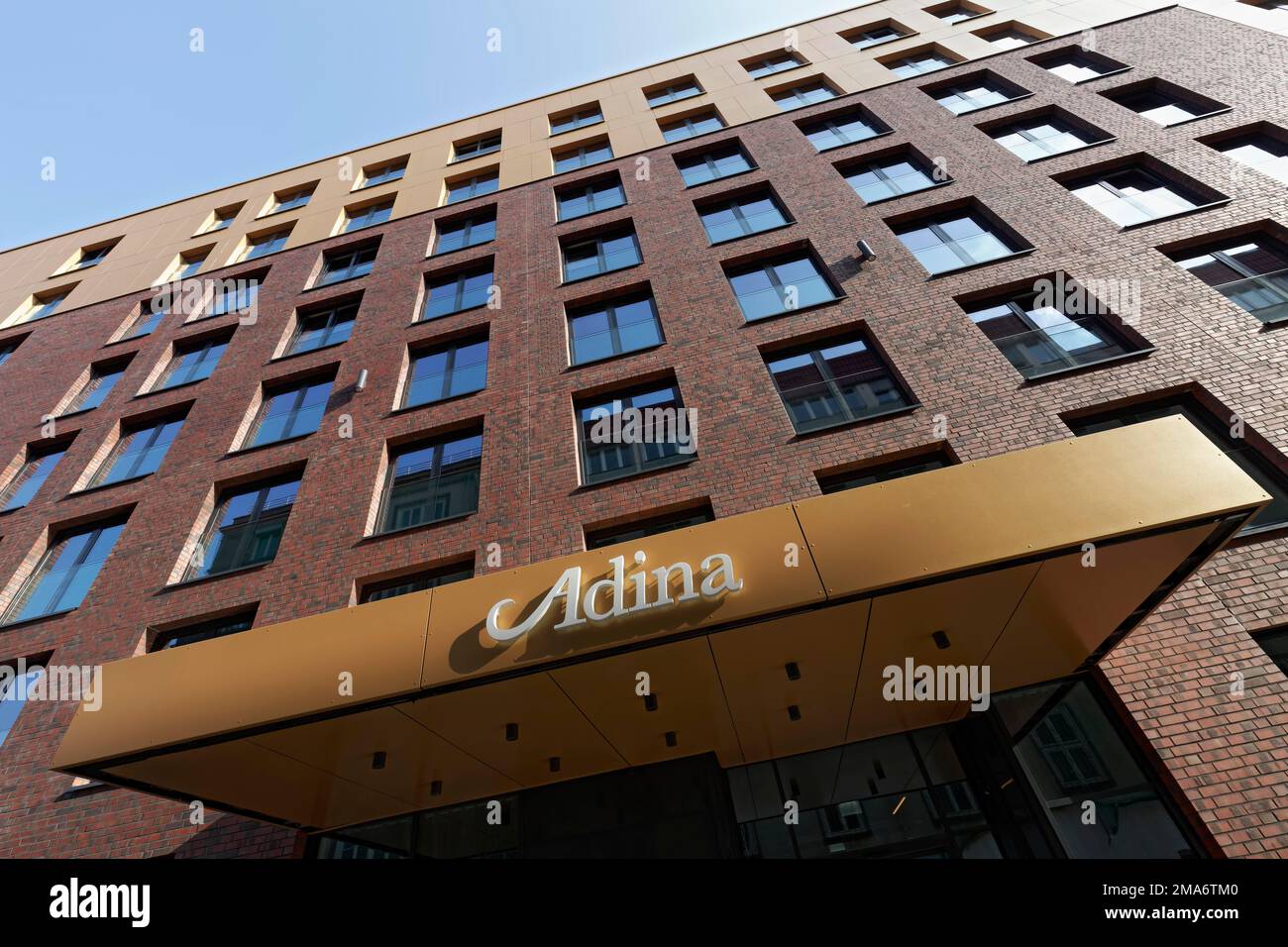 Adina Apartment Hotel Duesseldorf, facade with logo, lifestyle hotel, North Rhine-Westphalia, Germany Stock Photo