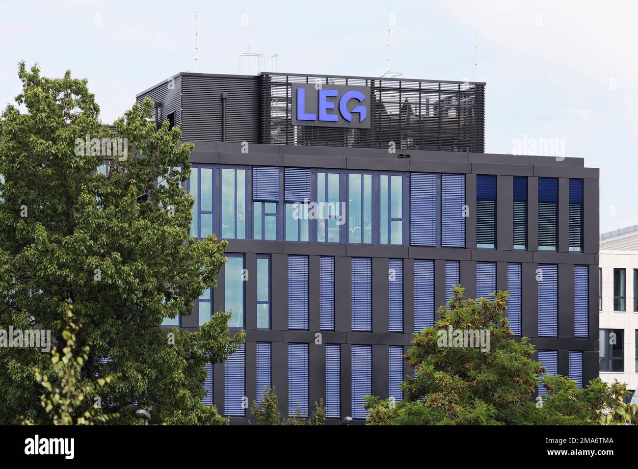 LEG Immobilien SE, logo at the company headquarters, housing development company, housing company, Airport-City Duesseldorf, North Rhine-Westphalia Stock Photo