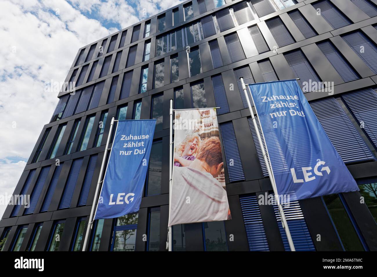 LEG Immobilien SE, flags with logo at company headquarters, housing development company, housing company, Airport-City Duesseldorf, North Stock Photo