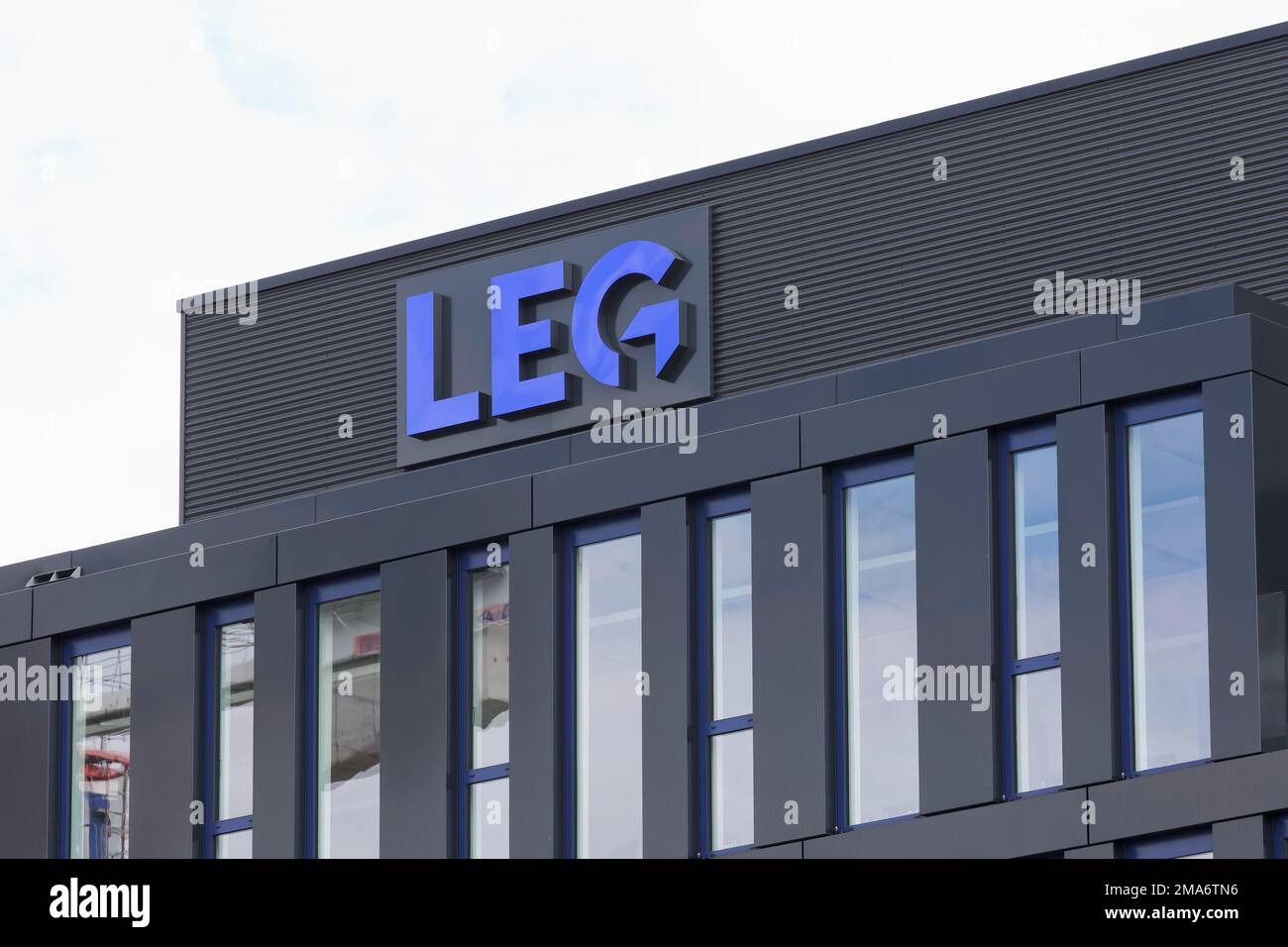 LEG Immobilien SE, logo at the company headquarters, housing development company, housing company, Airport-City Duesseldorf, North Rhine-Westphalia Stock Photo