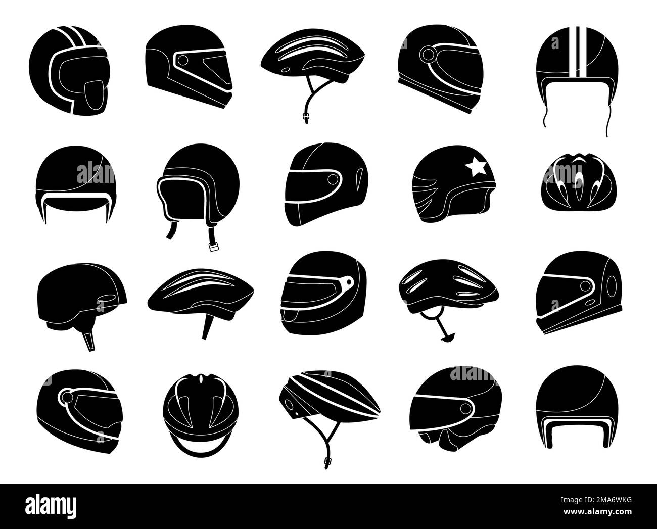 Motorcycle helmets silhouette. Monochrome racing headgear equipment for car motorbike bicycle driver, head protection for ride. Vector set Stock Vector