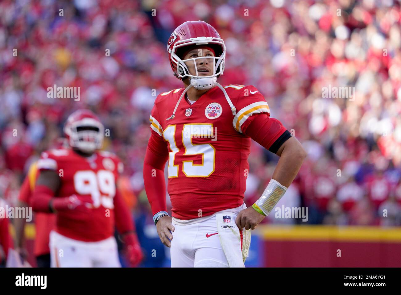 Kansas City Chiefs quarterback Patrick Mahomes watches the replay after ...