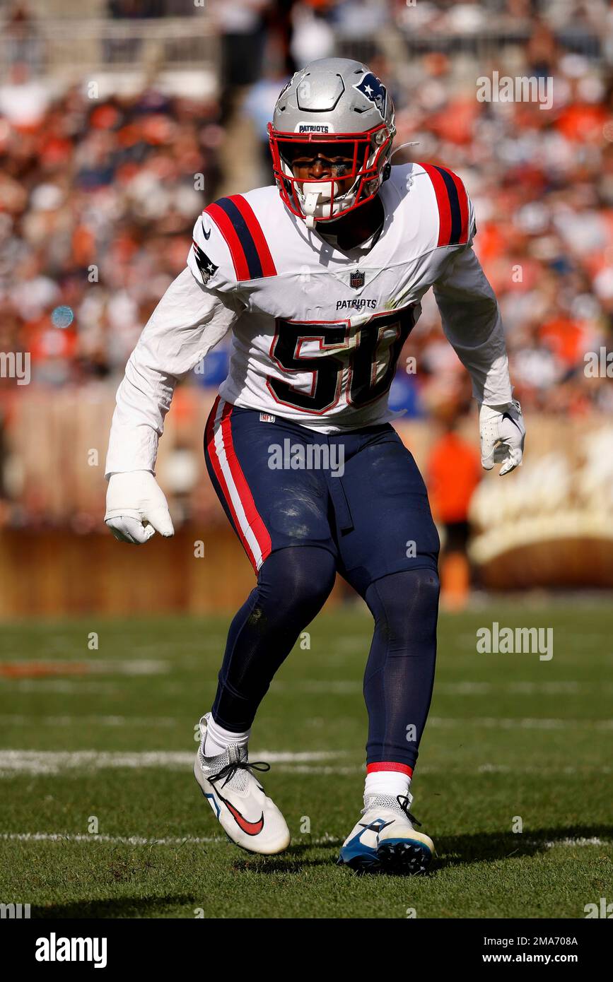 New England Patriots linebacker Anfernee Jennings (58) defends during the  second half of an NFL football game against the Chicago Bears, Monday, Oct.  24, 2022, in Foxborough, Mass. (AP Photo/Stew Milne Stock