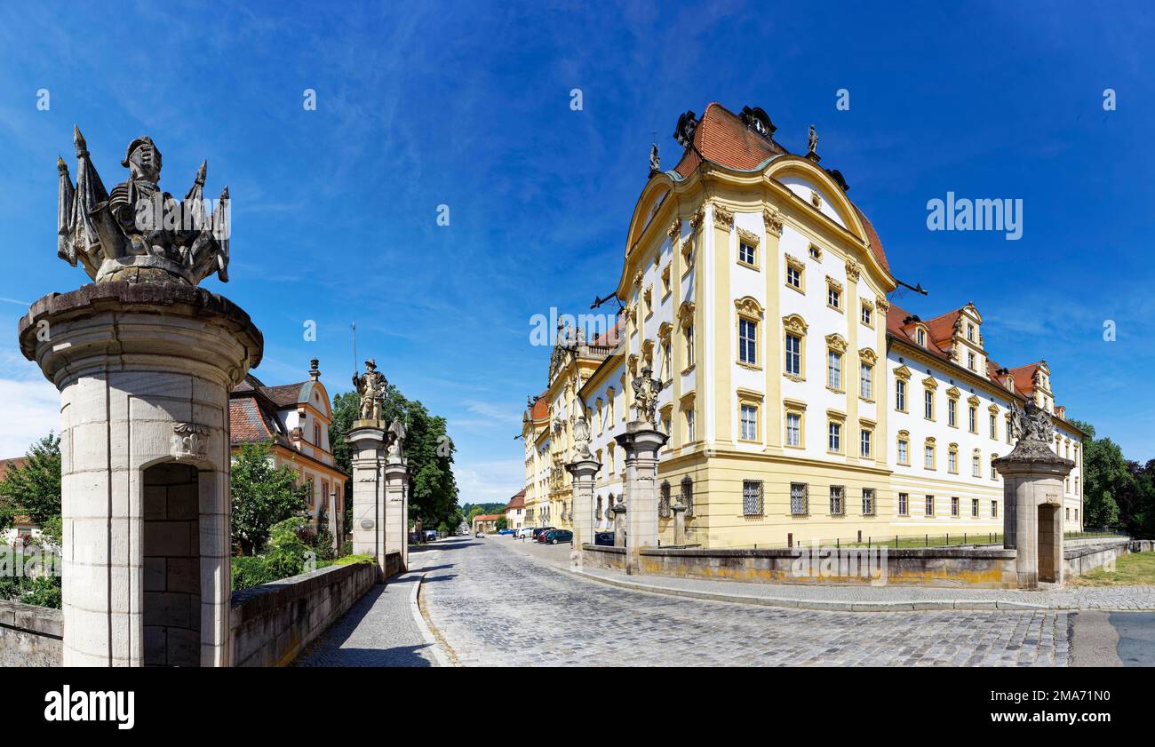 Approach from the east with guard house Gateposts with guard figures, cobbled street, Ellingen Residence, built 1708-1760, High Baroque, Castle Stock Photo
