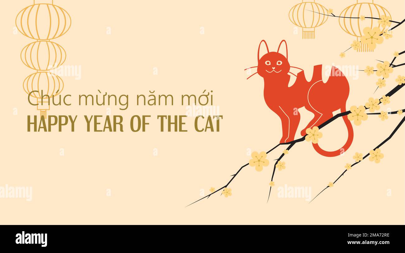 Cat on yellow apricot blossom tree branch with lanterns in background. Vietnamese new year of the cat 2023 greeting card. Tết Nguyên Đán banner. Stock Vector