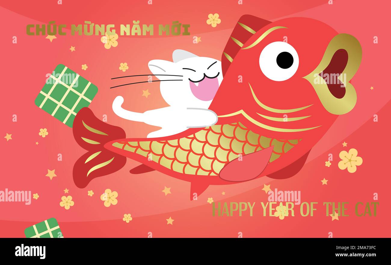 Cute cat holding a big red and golden carp fish. Lunar new year 2023 or vietnamese year of the cat. Tết Nguyên Đán greeting card. Stock Vector