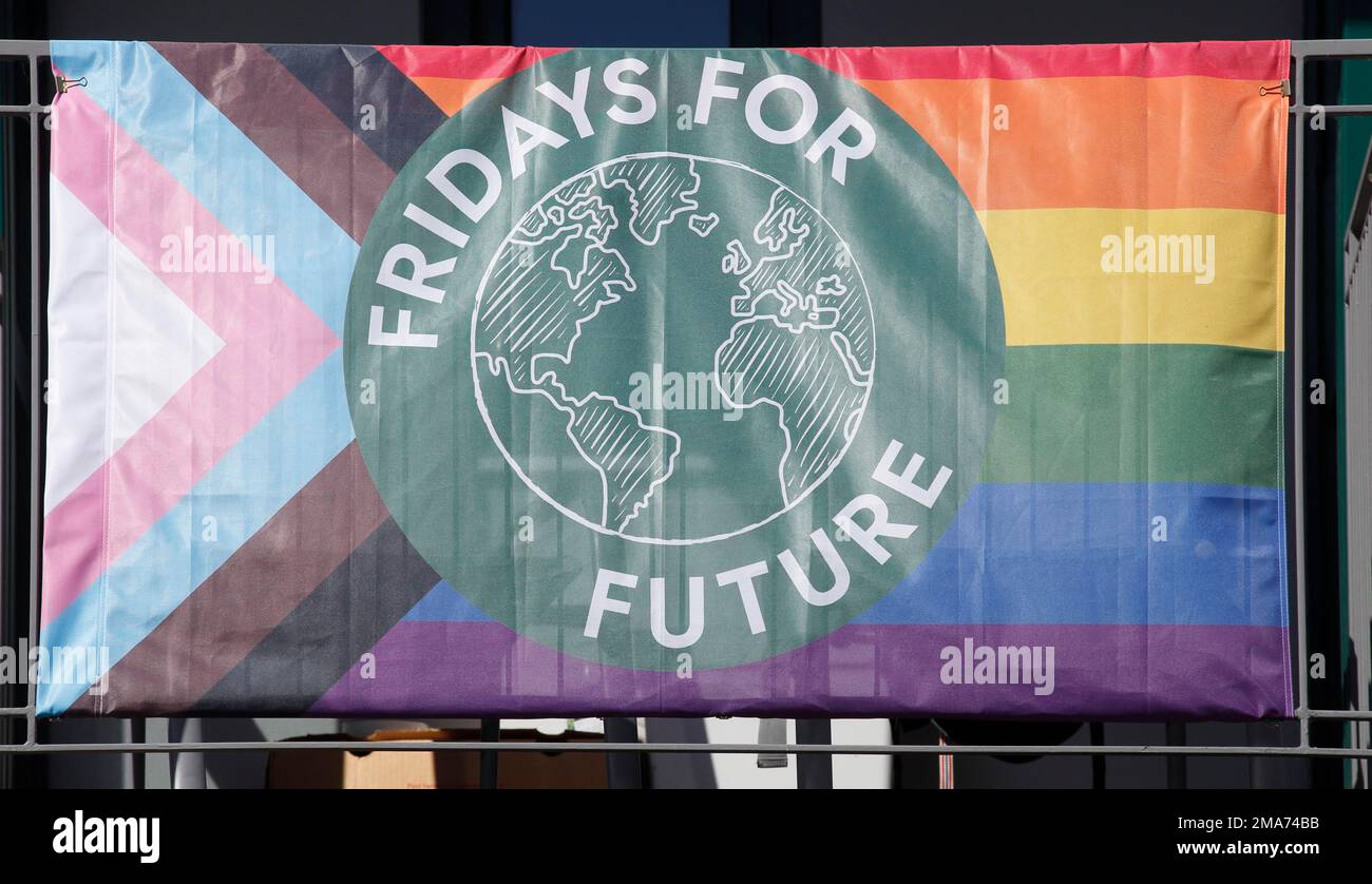 Fridays for Future sign on a balcony, Osnabrueck, Germany Stock Photo