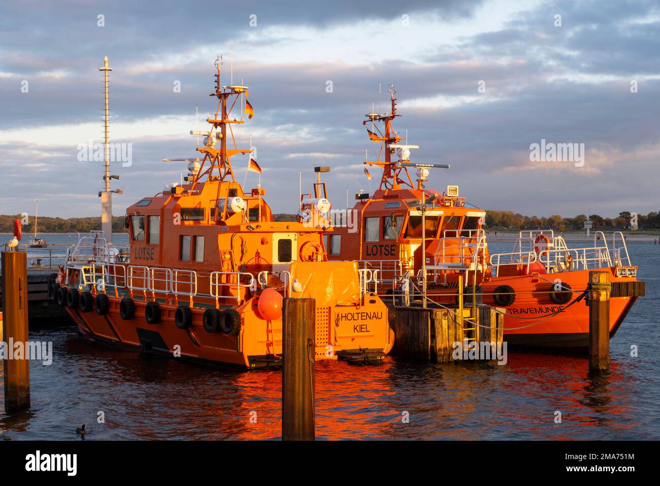 Pilot boats in the harbour, Travemuende, Luebeck, Baltic Sea, Schleswig-Holstein, Germany Stock Photo