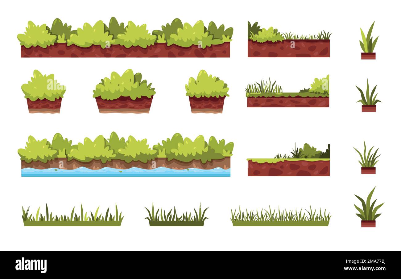 Cartoon grass. Game asset of green bush lawn border floral environment, comic hedge leaves herb elements for ui gaming design. Vector isolated set Stock Vector