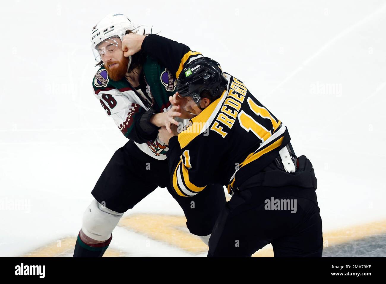 Boston Bruins' Trent Frederic (11) and Arizona Coyotes' Liam O'Brien (38)  fight during the second period of an NHL hockey game, Saturday, Oct. 15,  2022, in Boston. (AP Photo/Michael Dwyer Stock Photo - Alamy