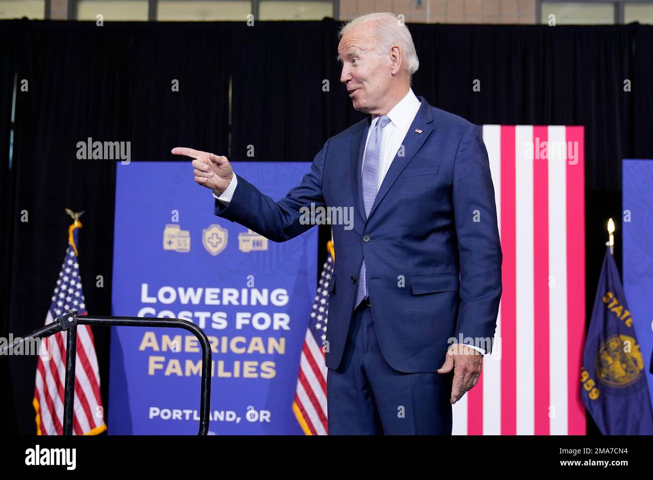 President Joe Biden acknowledges the audience as he arrive to speaks ...