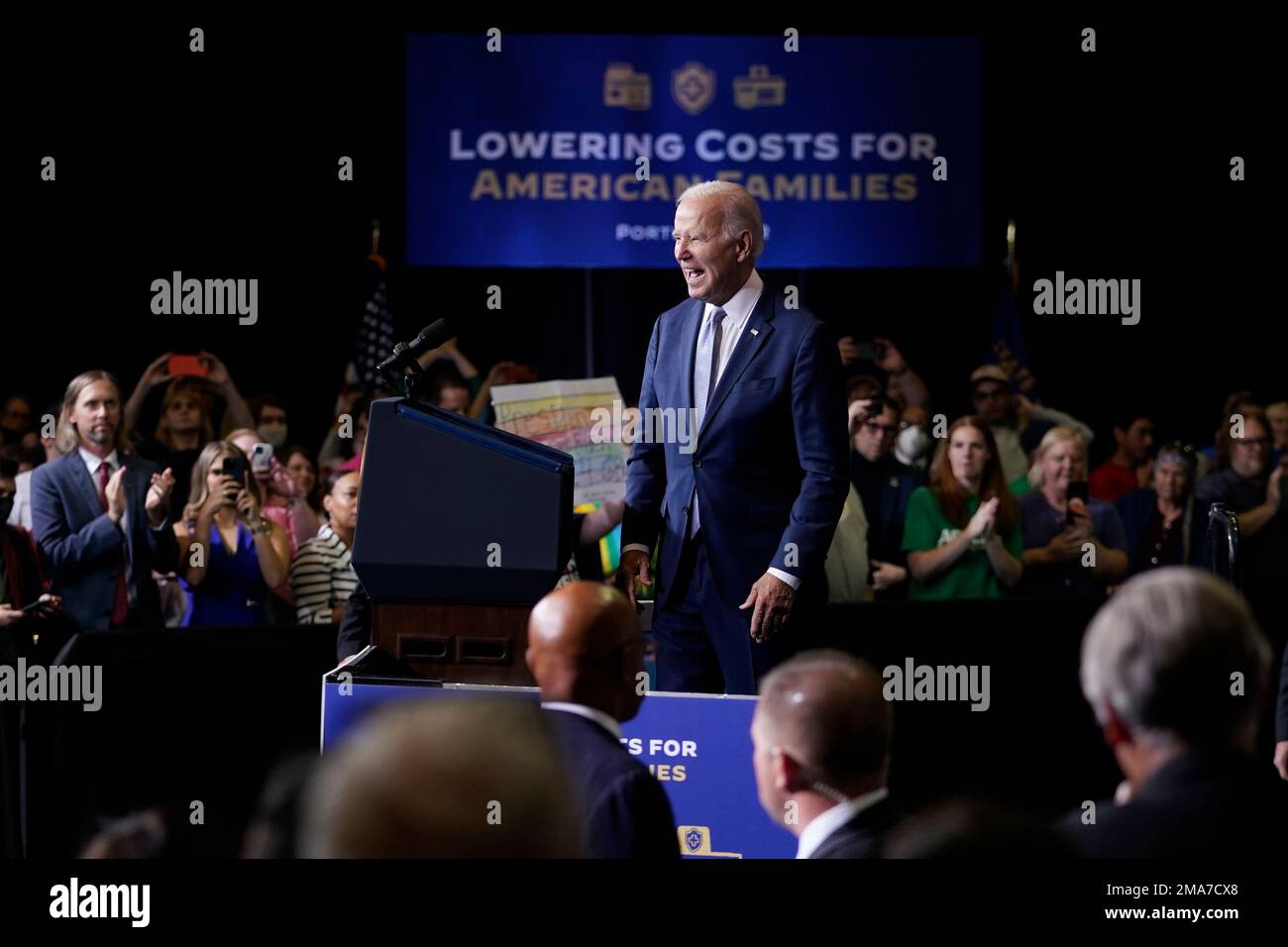 President Joe Biden calls out as the audience applauds as he finishes ...