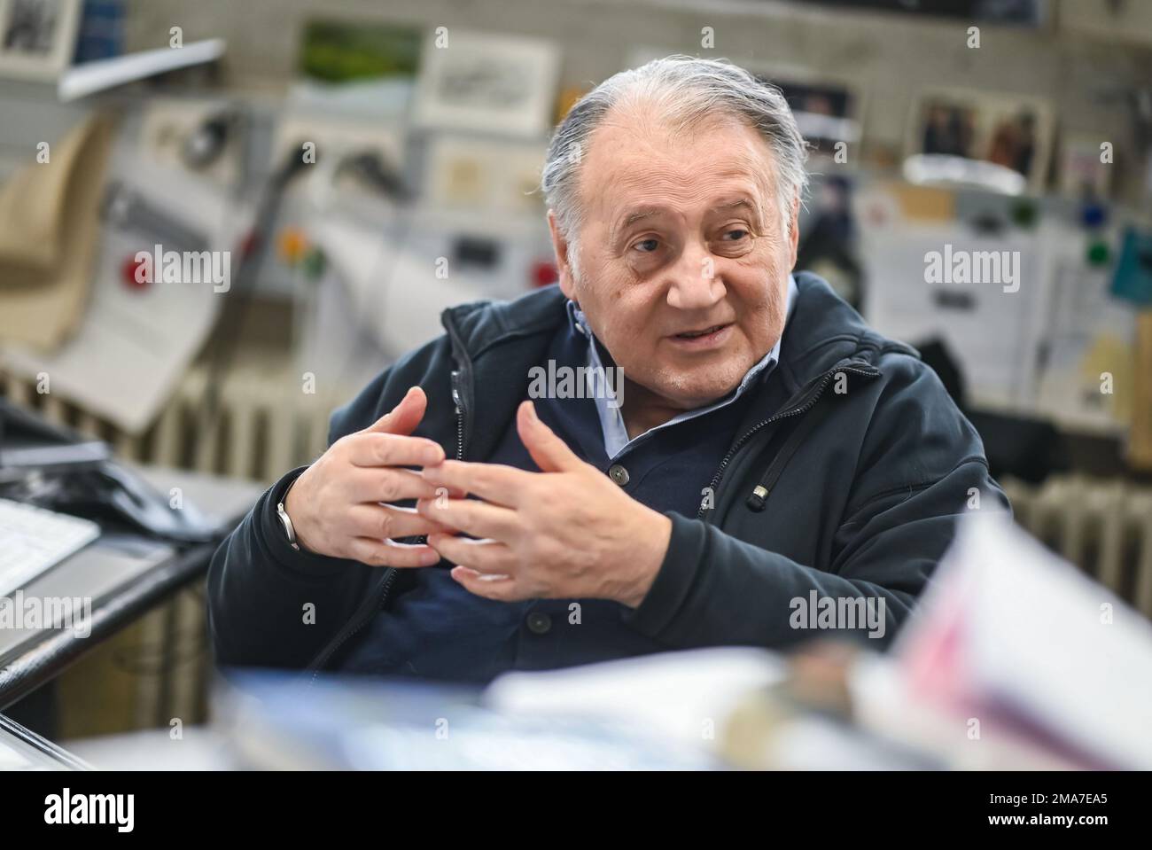 Karlsruhe, Germany. 18th Jan, 2023. Peter Weibel, artist and director of the Center for Art and Media (ZKM), sits in his office. Credit: Uli Deck/dpa/Alamy Live News Stock Photo