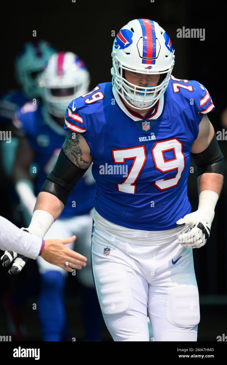 Buffalo Bills tackle Spencer Brown (79) runs onto the field before