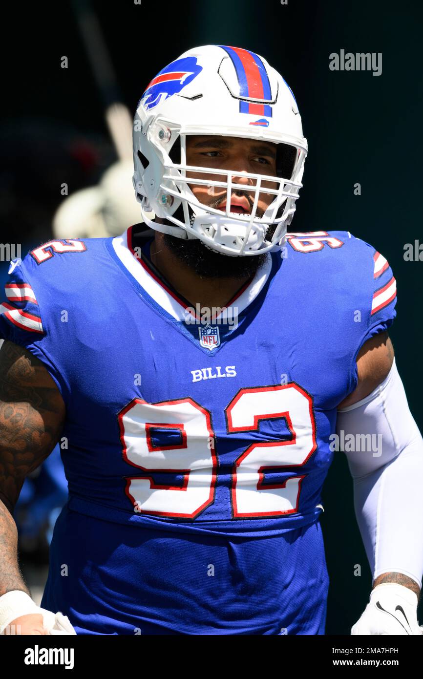 Buffalo Bills defensive tackle DaQuan Jones (92) walks off the field after  an NFL football game against the Kansas City Chiefs Sunday, Oct. 16, 2022,  in Kansas City, Mo. (AP Photo/Peter Aiken