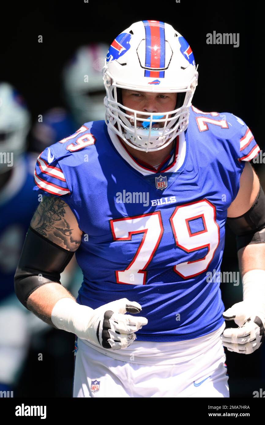 Buffalo Bills tackle Spencer Brown (79) walks on the field during