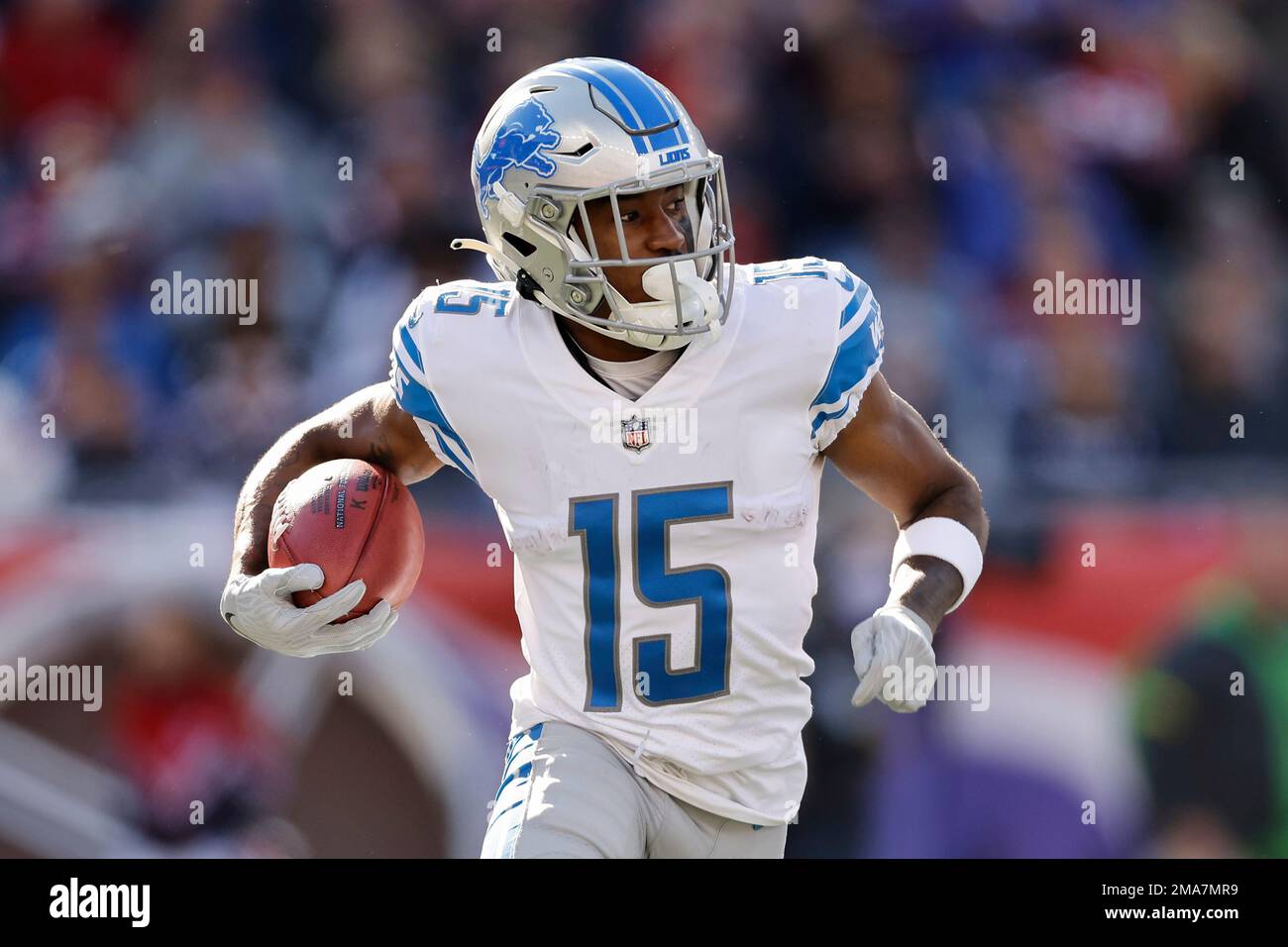 Detroit Lions' Maurice Alexander runs against the New England Patriots  during an NFL football game at Gillette Stadium, Sunday, Oct. 9, 2022 in  Foxborough, Mass. (Winslow Townson/AP Images for Panini Stock Photo 