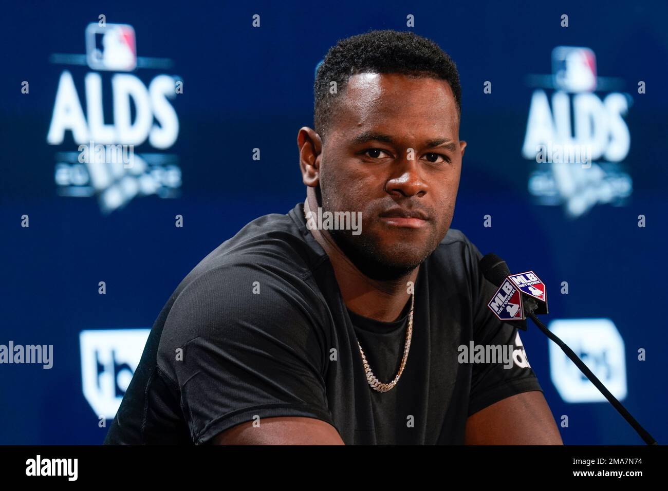 New York Yankees pitcher Luis Severino speaks to reporters before Game 2 of  an American League