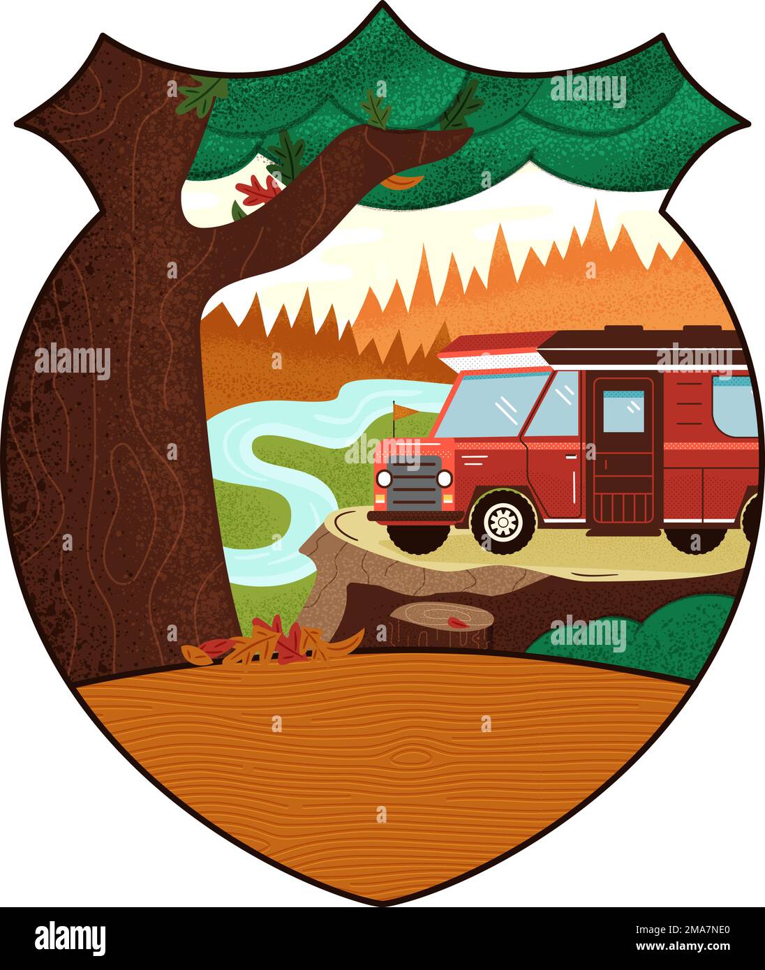 Camping Adventure badge design with forest landscape and RV trailer ...