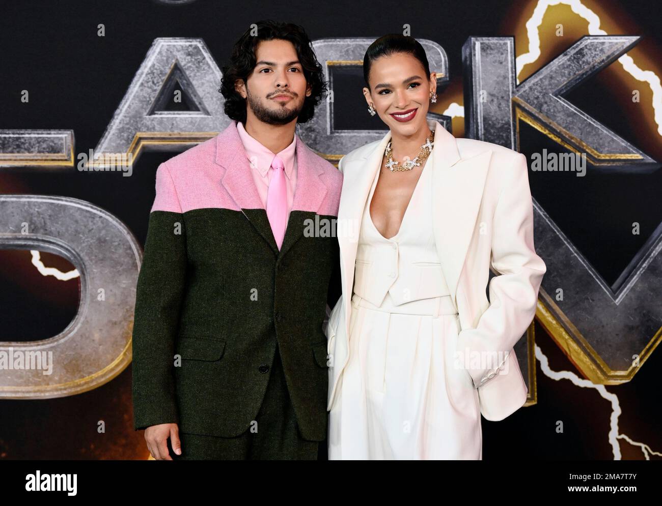 Xolo Mariduena, left, and Bruna Marquezine attend the world premiere of