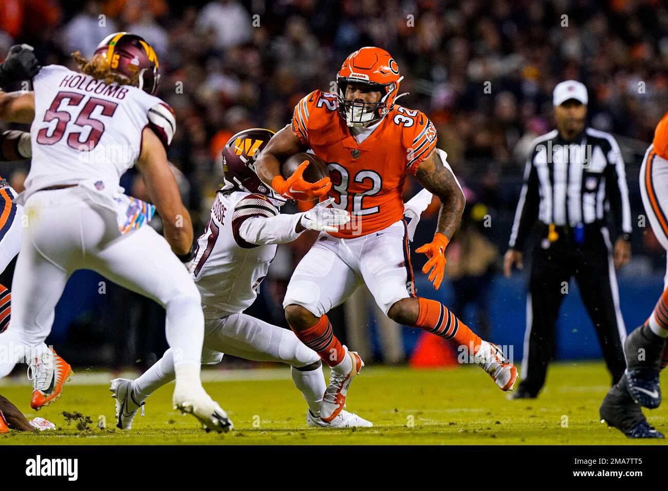 Chicago Bears running back David Montgomery is hit by Washington