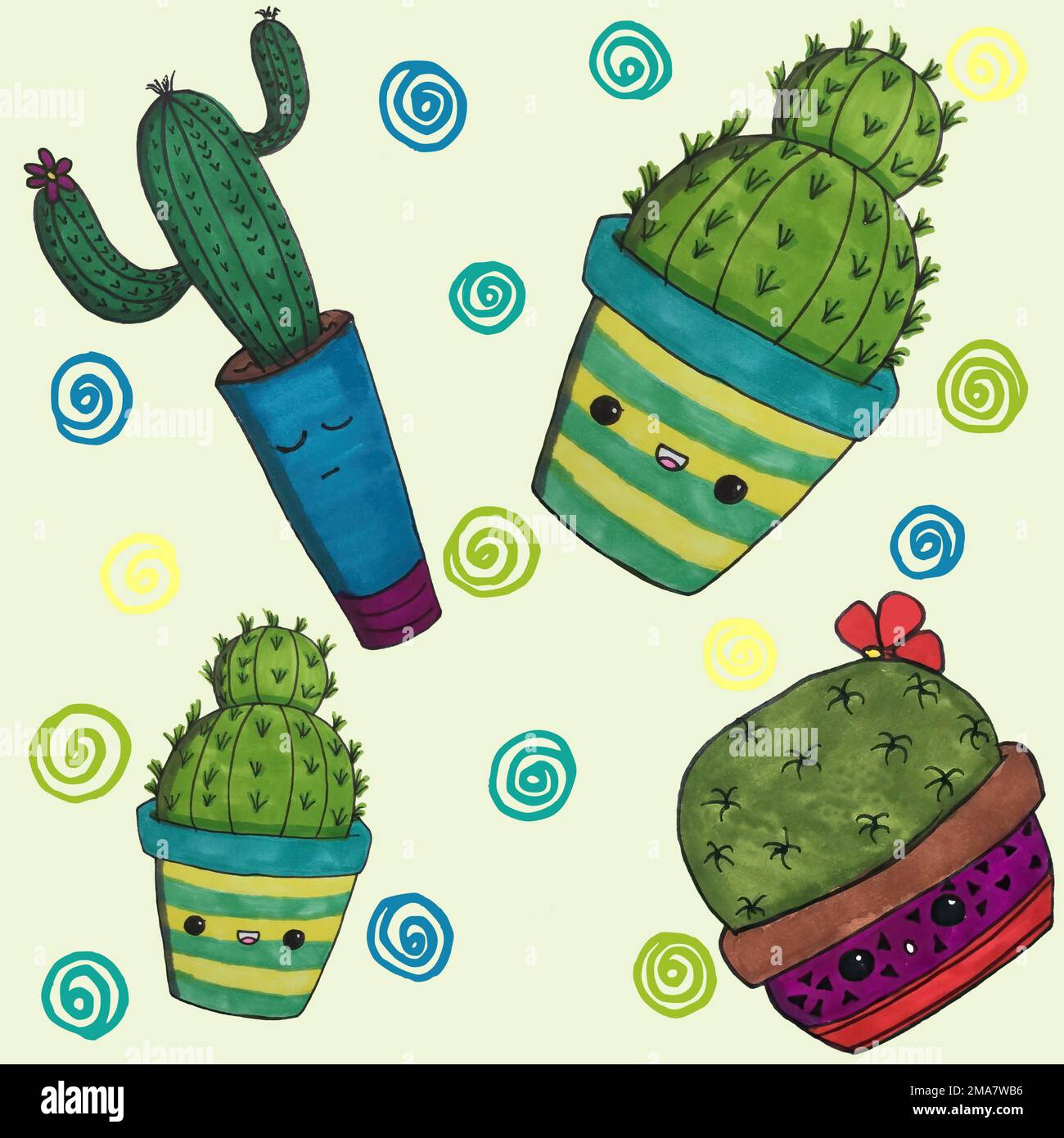 Hand drawn cactus plants seamless pattern. Vibrant colors. Cute kids drawing. Stock Photo