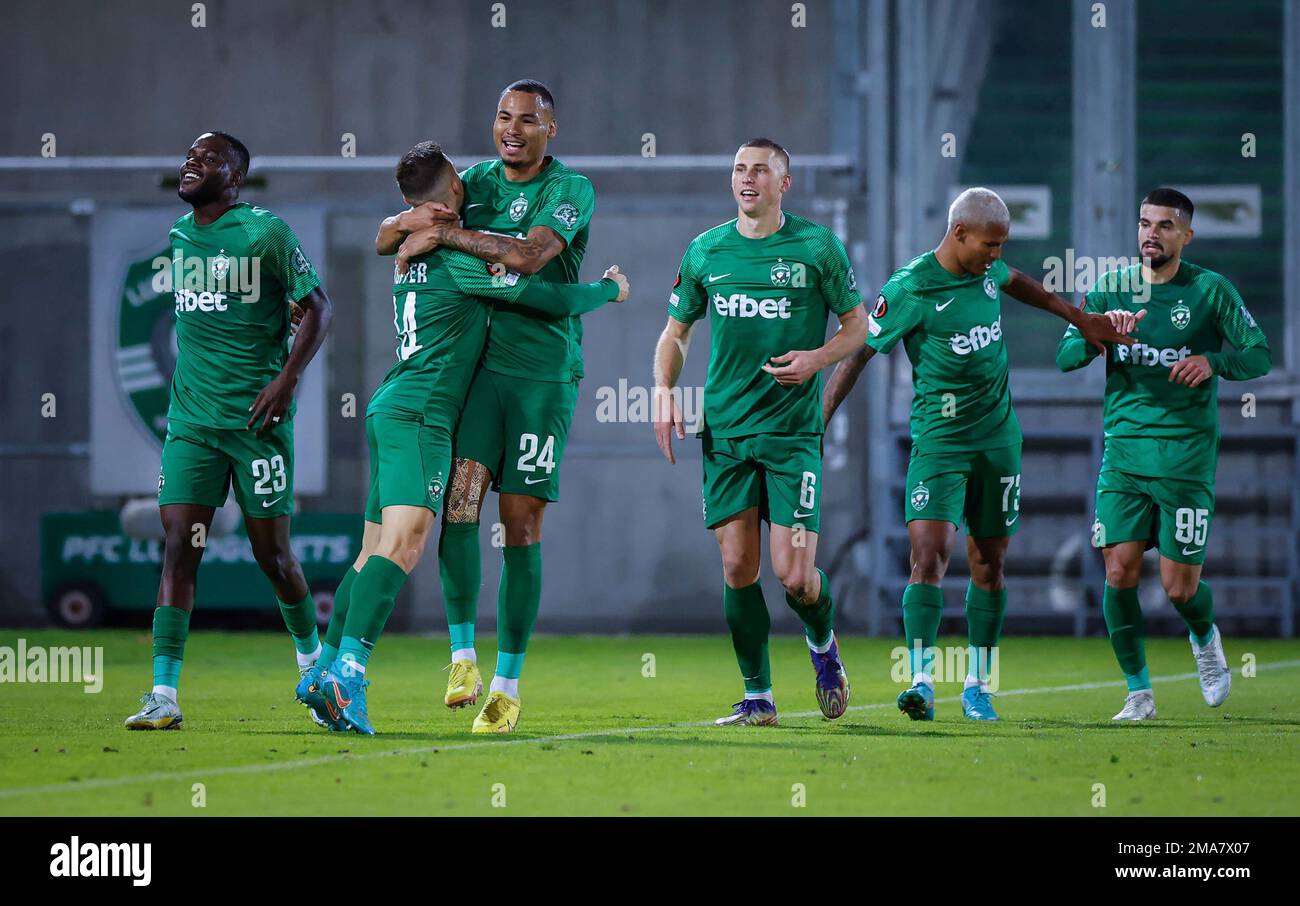 Ludogorets' team celebrate their first goal during the Europa