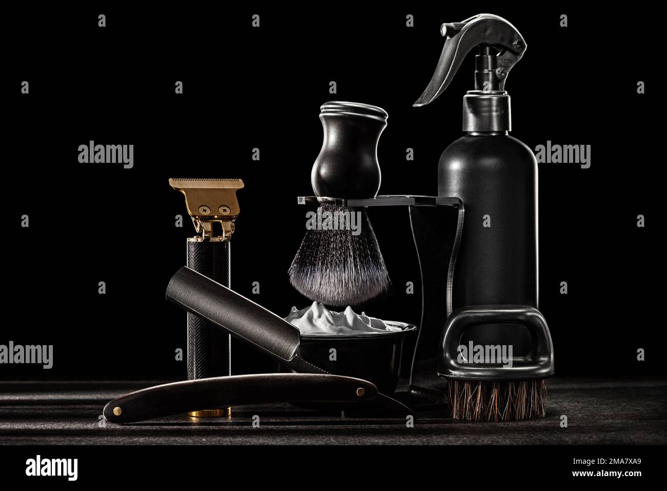 Black Tools Of Barber. Straight Edge Barber Razor Shaving Brush On