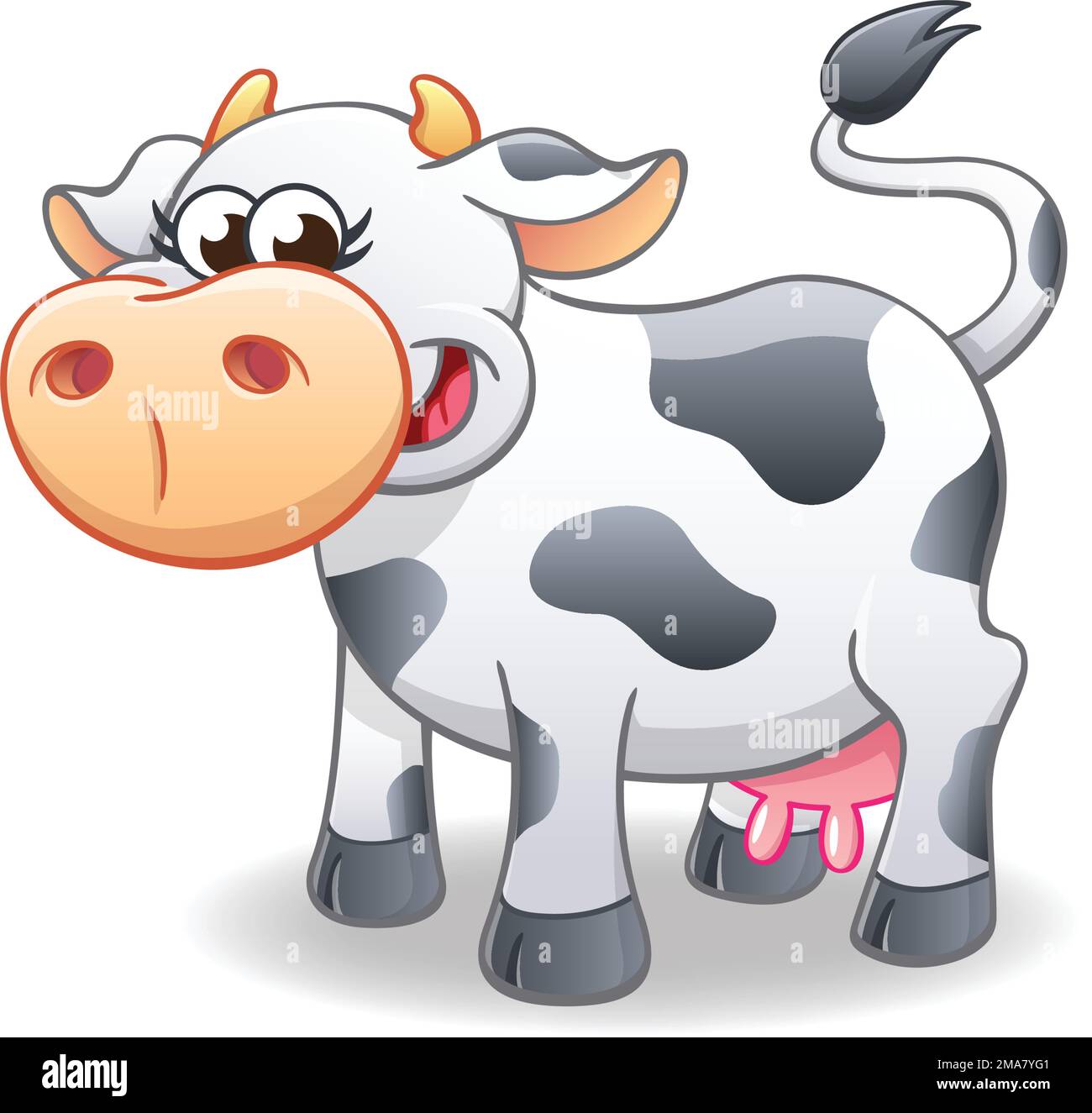 smiling happy cute cartoon black and white dairy cow character vector