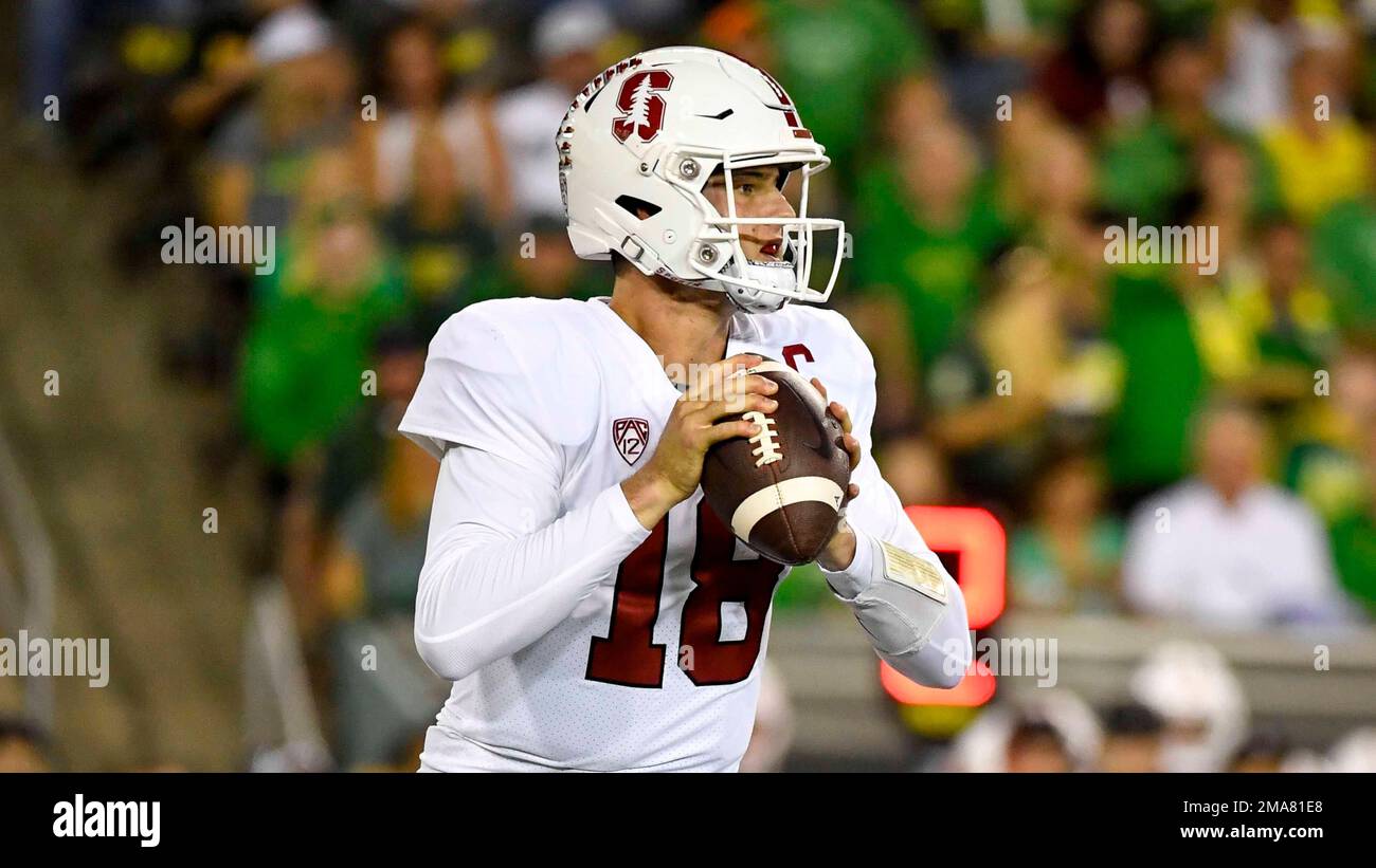 Stanford quarterback Tanner McKee (18) passes against Oregon during the