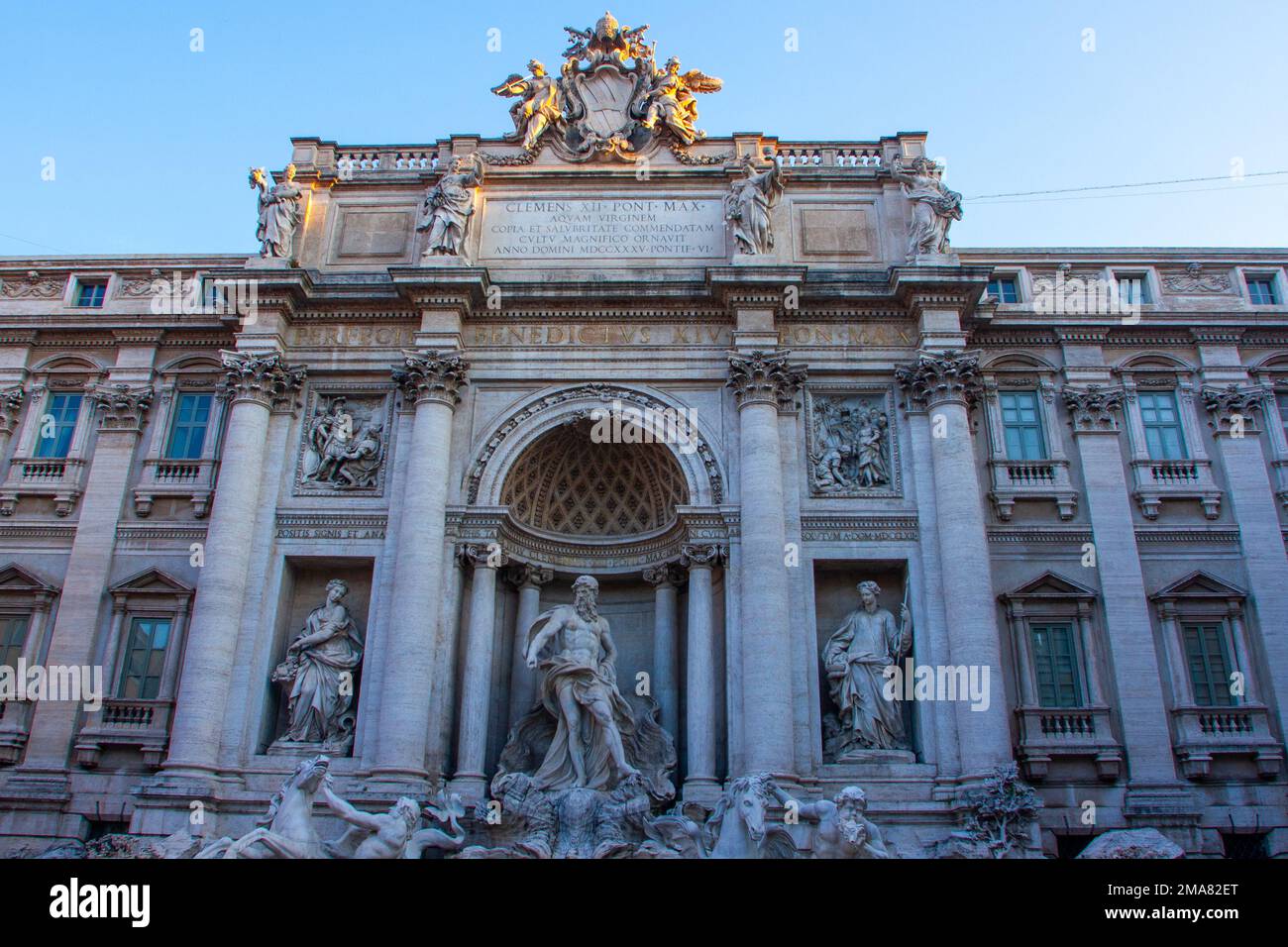 The Trevi Fountain. Construction began during the time of Ancient Rome and was completed in 1762 by a design of Nicola Salvi. Rome Italy Stock Photo