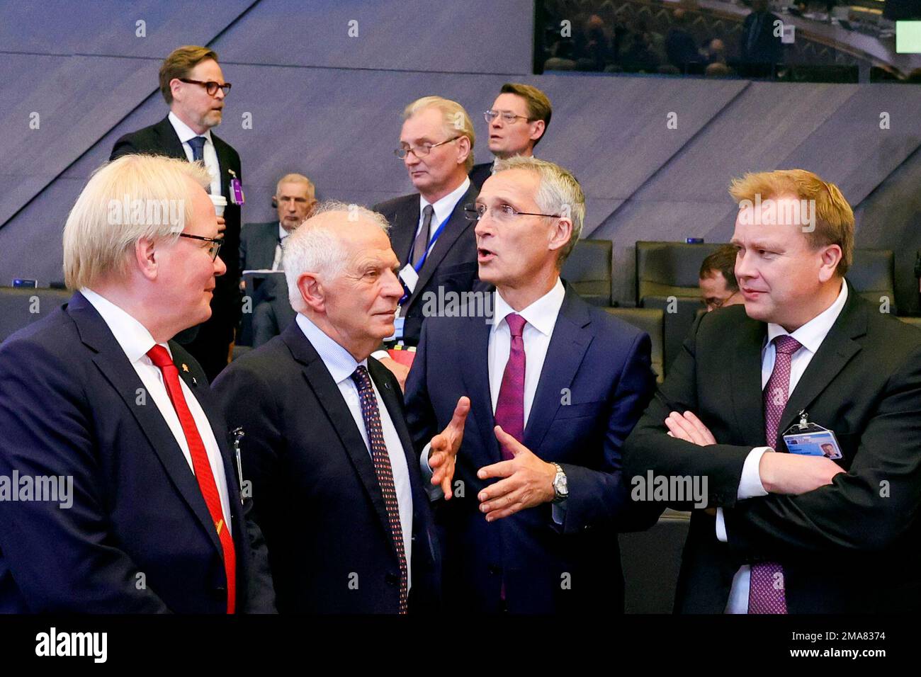 From left, Sweden's Defense Minister Peter Hultqvist, European Union  foreign policy chief Josep Borrell, NATO Secretary General Jens Stoltenberg  and Finland's Defense Minister Antti Kaikkonen during a meeting of NATO  defense ministers