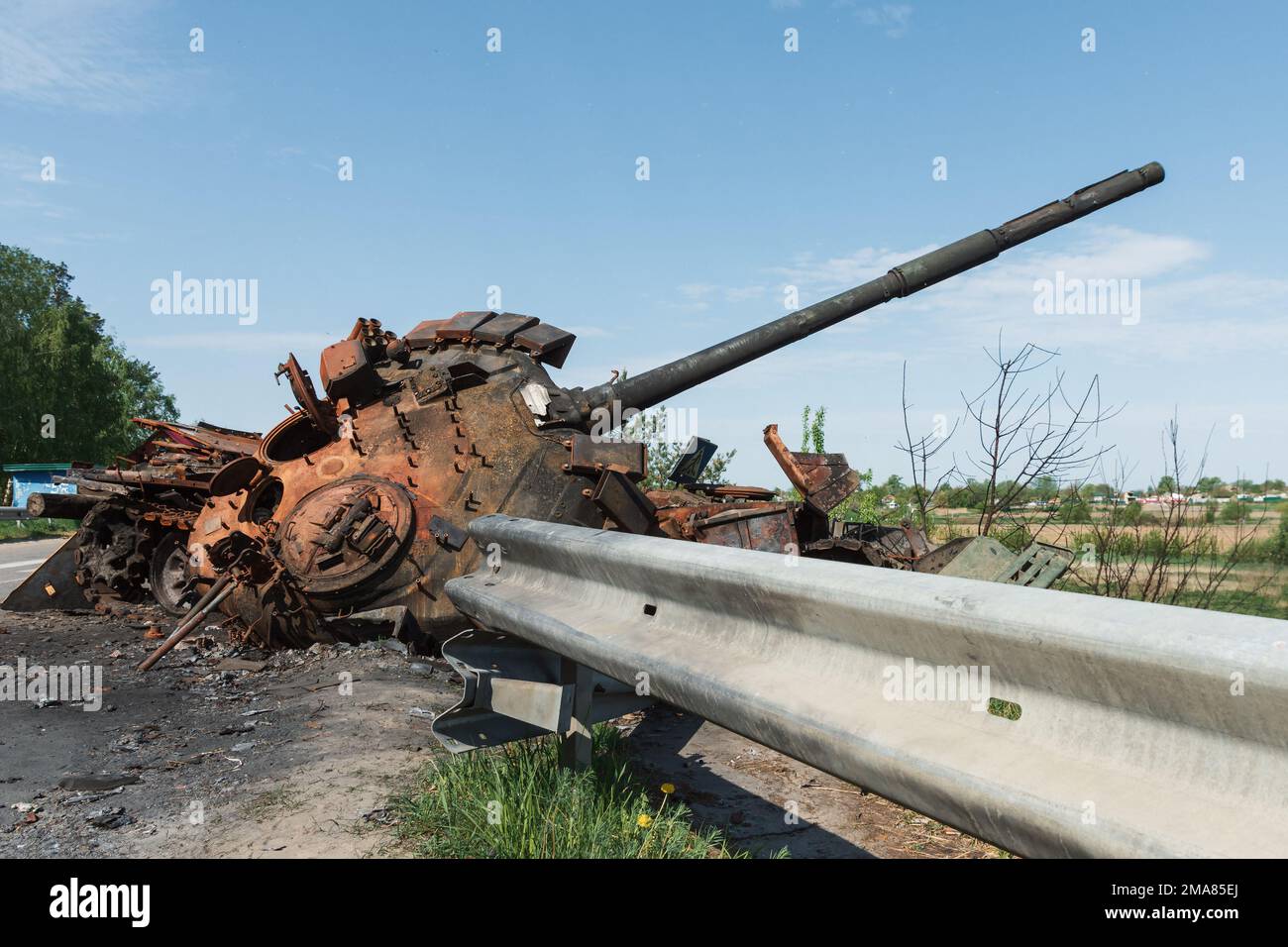 BUCHA, UKRAINE 12.05.2022 Irpin, Bucha. Atrocities of the russian army in the suburbs of Kyiv. russian tank knocked out by the Ukrainian army. Stock Photo